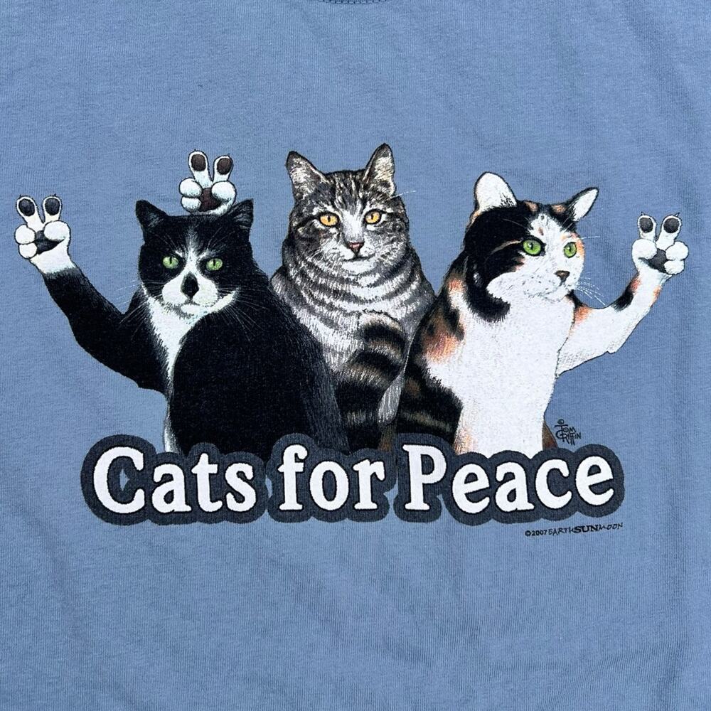 Cats for Peace T-Shirt Blue Short Sleeve Cotton Tee size Large by Earth Sun Moon